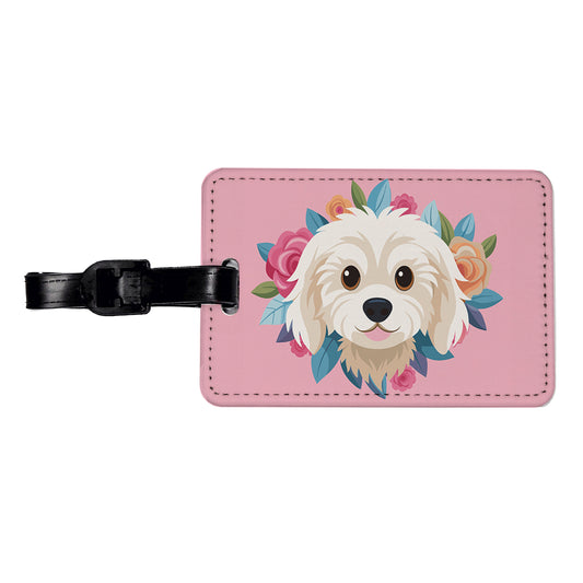 Cavachon Head Dog Floral Motif Pink Background Travel Faux Leather Luggage Tag
