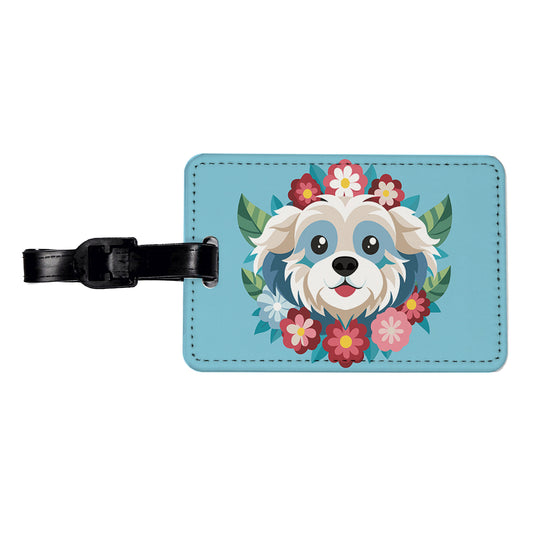 Cavachon Head Floral Dog Motif Blue Background Travel Faux Leather Luggage Tag