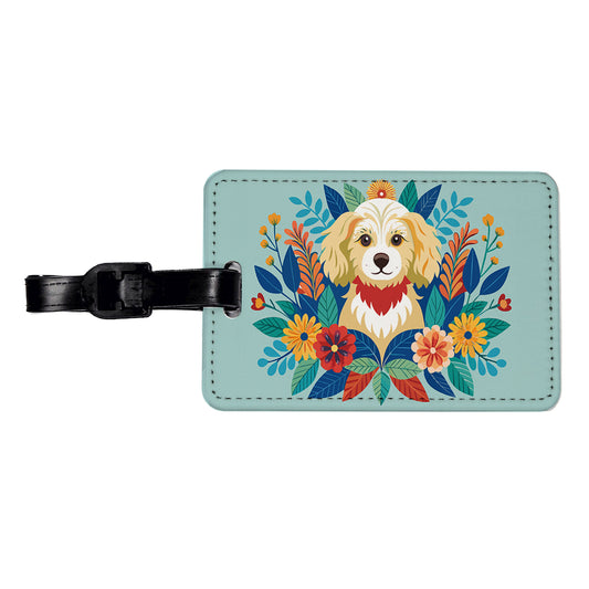 Cavapoo Floral Motif Dog Blue Travel Faux Leather Luggage Tag