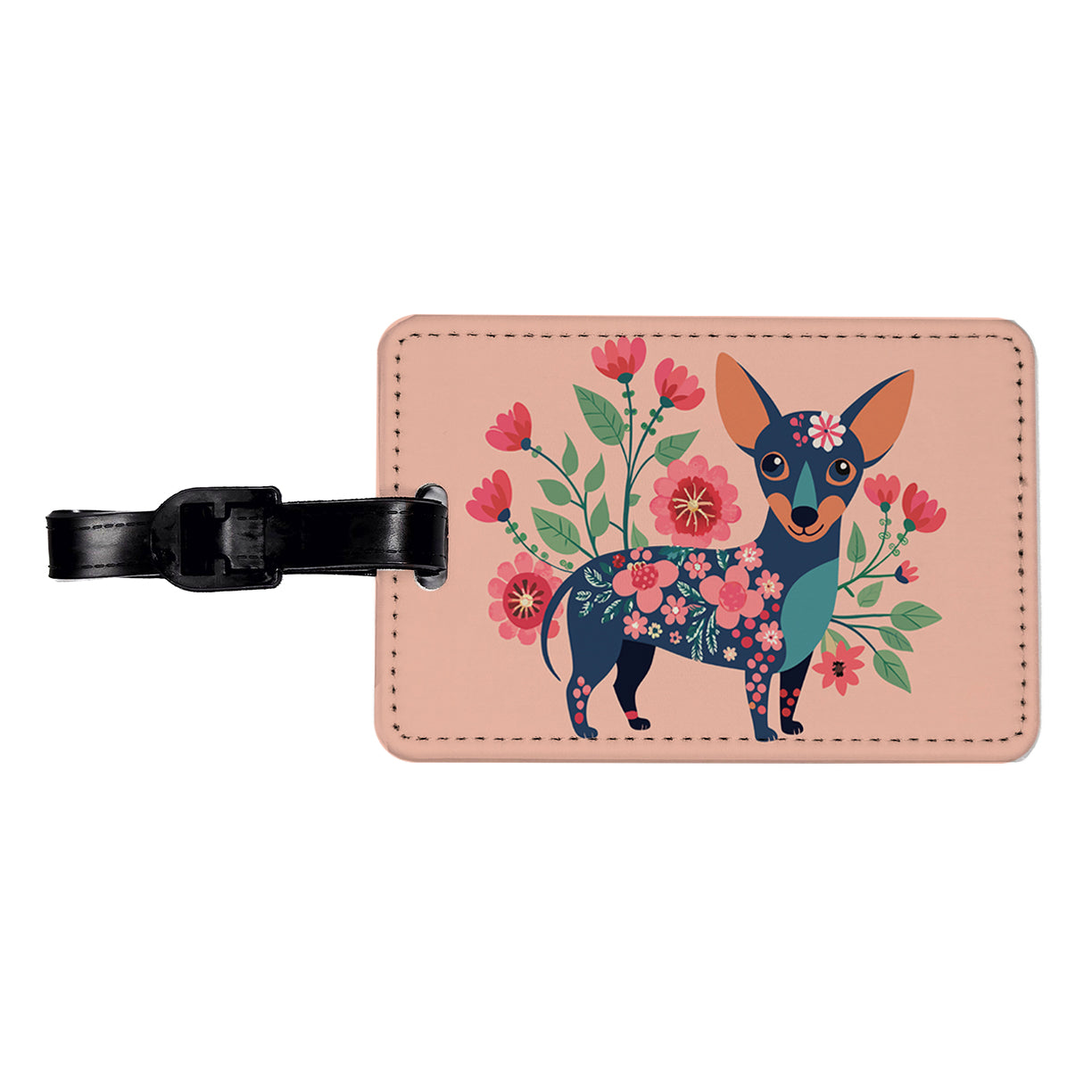 Chiweenie Floral Motif Pink Cute Dog Travel Faux Leather Luggage Tag