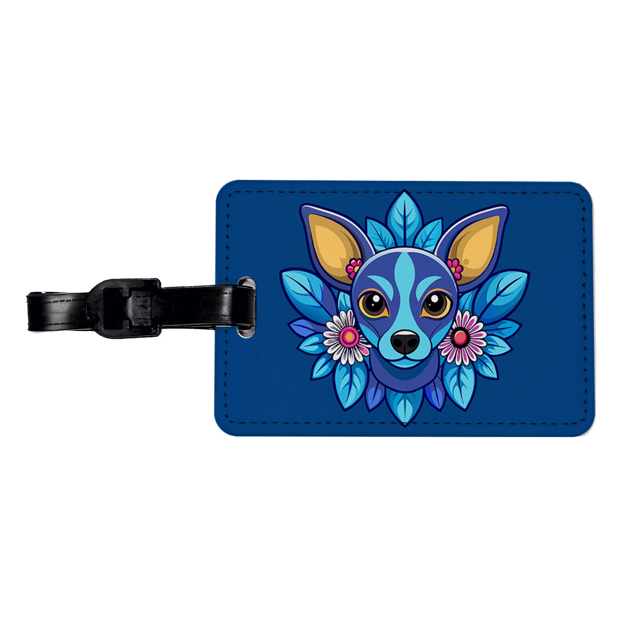 Chiweenie Head Floral Motif Blue Dog Travel Faux Leather Luggage Tag
