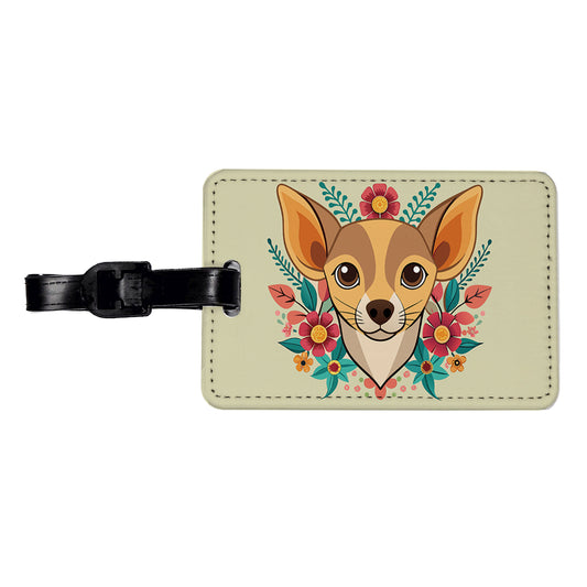 Chiweenie Head Floral Motif Dog Travel Faux Leather Luggage Tag