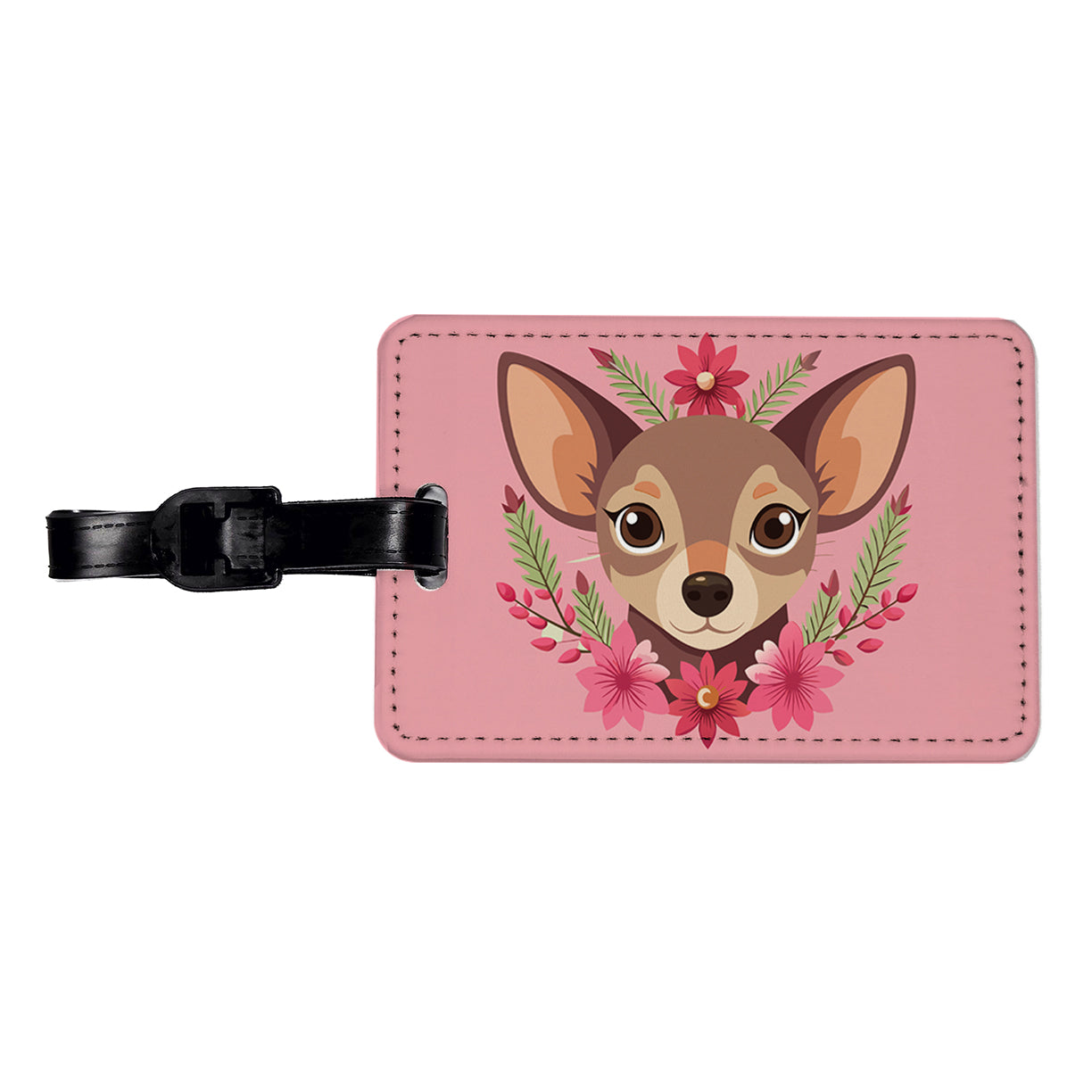 Chiweenie Head Floral Motif Pink Dog Travel Faux Leather Luggage Tag