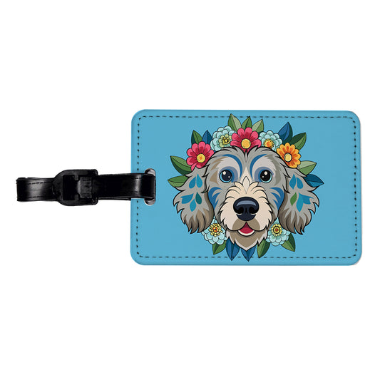 Cockapoo Head Floral Motif Light Blue Dog Travel Faux Leather Luggage Tag