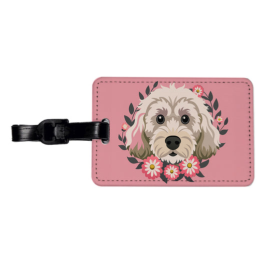 Cockapoo Head Floral Motif Light Pink Dog Travel Faux Leather Luggage Tag