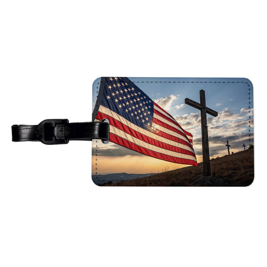 Cross Over American Flag USA United States Religious Travel Faux Leather Luggage Tag