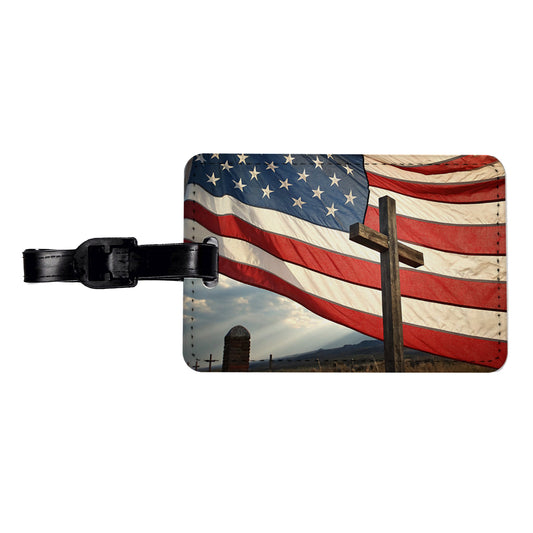 Cross Over American Flag USA United States Travel Faux Leather Luggage Tag