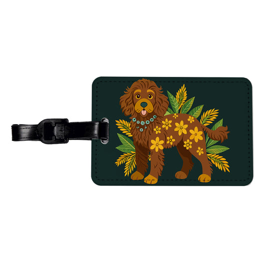 Dark Brown Golden Doodle Floral Motif Green Dog Travel Faux Leather Luggage Tag