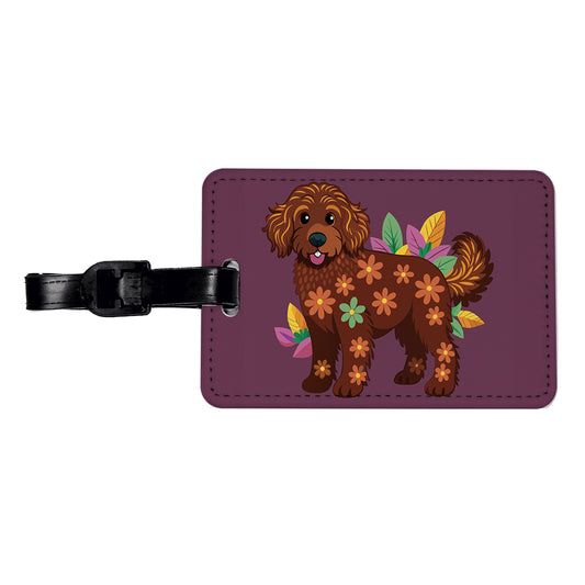 Dark Brown Golden Doodle Floral Motif Purple Dog Travel Faux Leather Luggage Tag