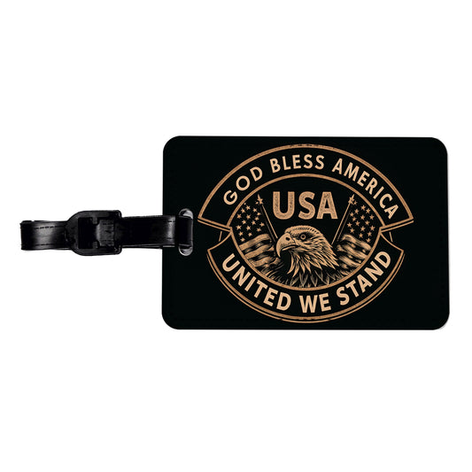 God Bless America Black Tan USA United States Travel Faux Leather Luggage Tag