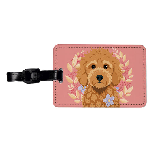 Golden Doodle Brown Head Floral Motif Pink Dog Travel Faux Leather Luggage Tag