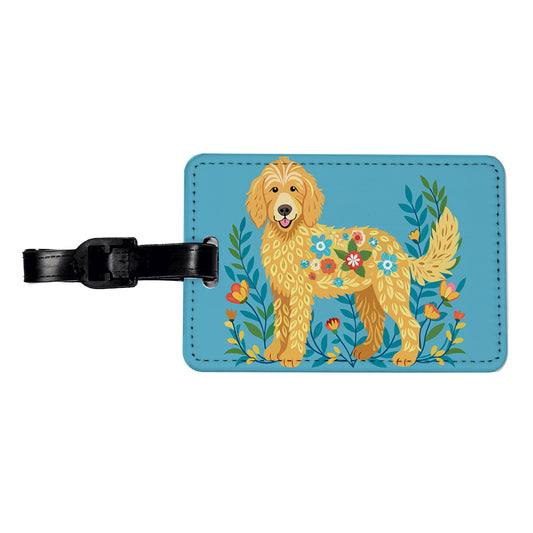 Golden Doodle Floral Motif Blue Dog Travel Faux Leather Luggage Tag