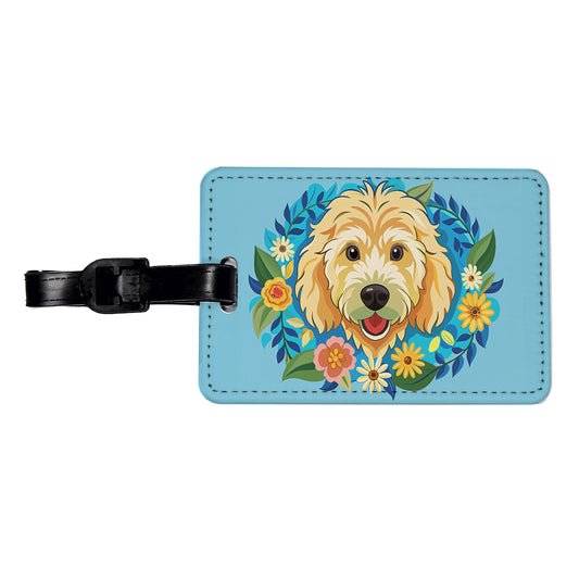 Golden Doodle Head Floral Motif Blue Background Dog Travel Faux Leather Luggage Tag