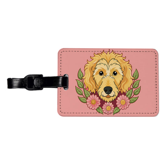 Golden Doodle Head Floral Motif Pink Dog Travel Faux Leather Luggage Tag