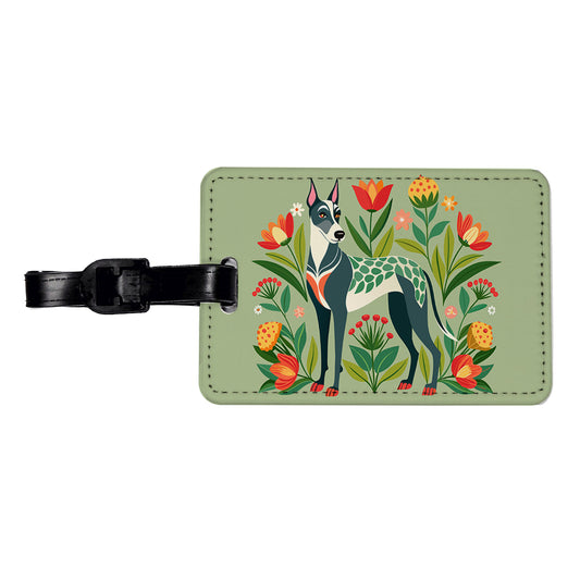 Great Dane Floral Motif Dog Standing Travel Faux Leather Luggage Tag