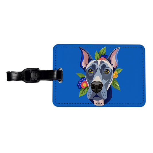 Great Dane Head Floral Motif Blue Dog Travel Faux Leather Luggage Tag