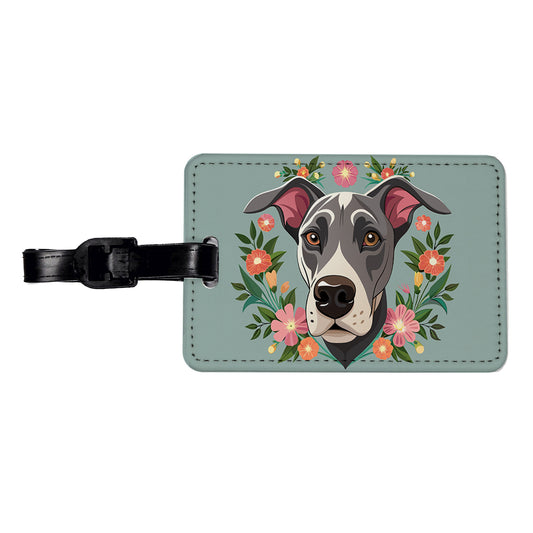 Great Dane Head Floral Motif Gray Dog Travel Faux Leather Luggage Tag