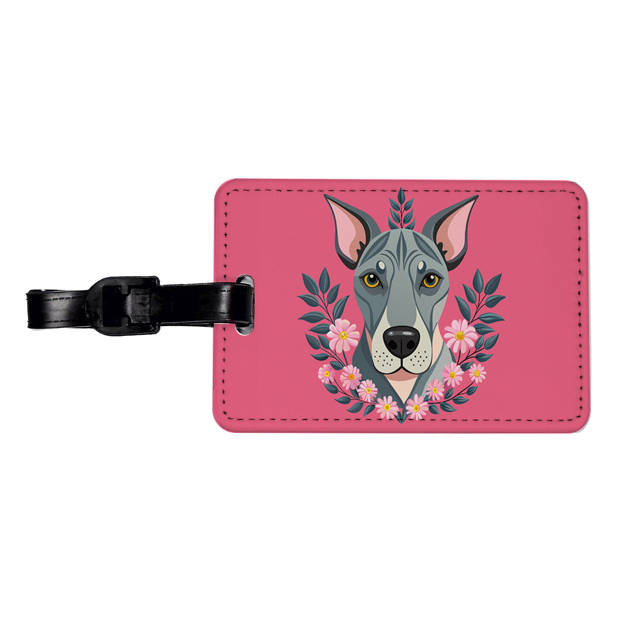 Great Dane Head Floral Motif Pink Background Dog Travel Faux Leather Luggage Tag