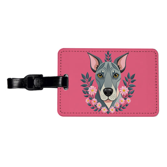 Great Dane Head Floral Motif Pink Background Dog Travel Faux Leather Luggage Tag
