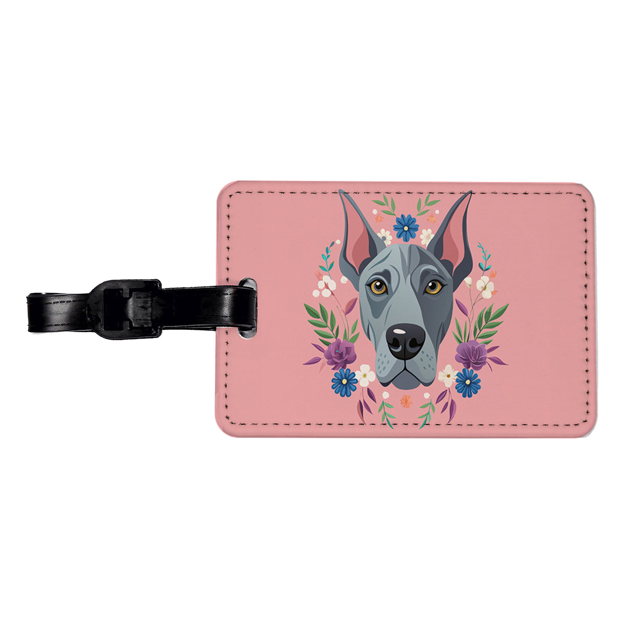Great Dane Head Floral Motif Pink Dog Travel Faux Leather Luggage Tag