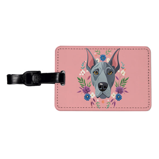 Great Dane Head Floral Motif Pink Dog Travel Faux Leather Luggage Tag