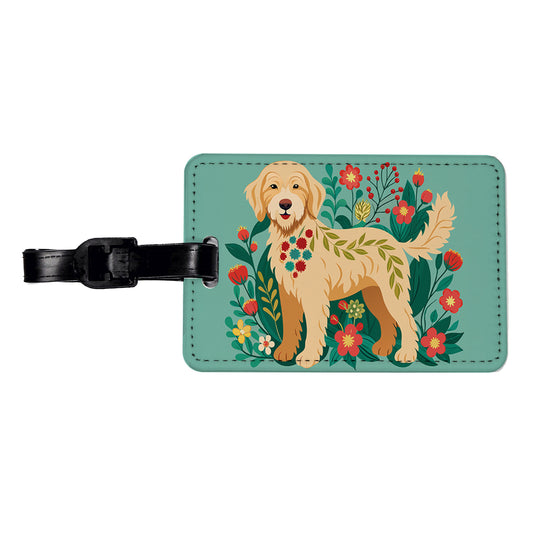 Labradoodle Floral Motif Tan Dog Travel Faux Leather Luggage Tag