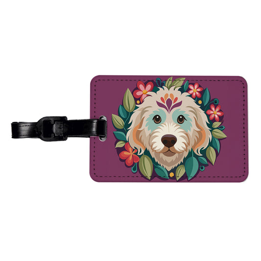 Labradoodle Head Floral Motif Purple Dog Travel Faux Leather Luggage Tag