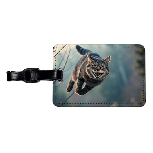 Leaping Funny Cat Grinning Travel Faux Leather Luggage Tag