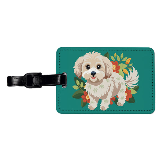 Maltipoo Floral Motif Dog Standing Travel Faux Leather Luggage Tag