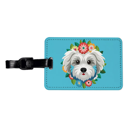 Maltipoo Head Floral Motif Blue Dog Travel Faux Leather Luggage Tag