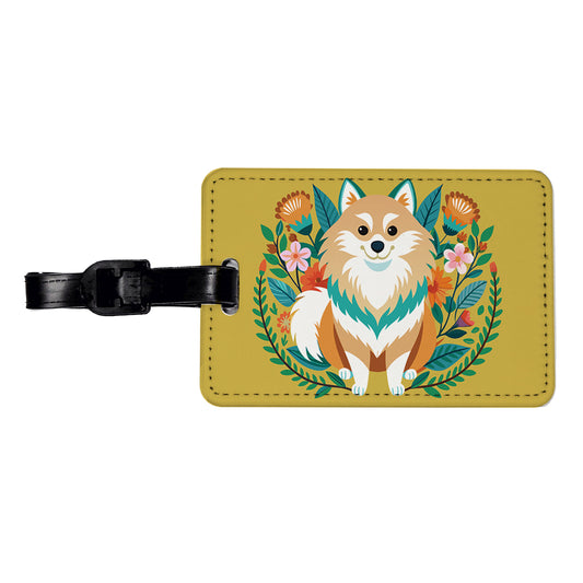 Pomsky Floral Motif Dog Travel Faux Leather Luggage Tag