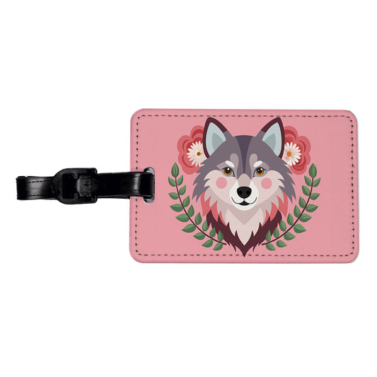 Pomsky Head Floral Motif Pink Cute Dog Travel Faux Leather Luggage Tag