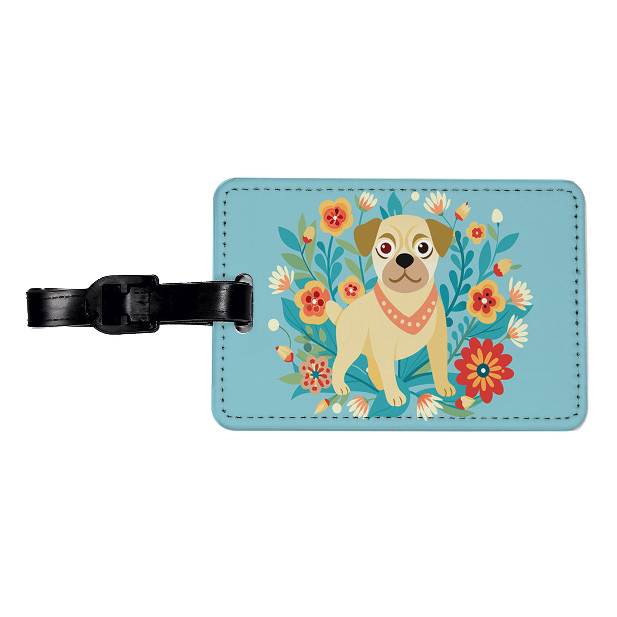 Puggle Floral Motif Blue Dog Travel Faux Leather Luggage Tag