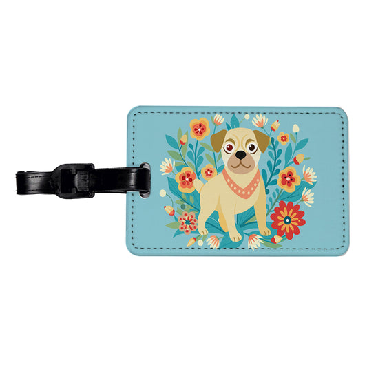 Puggle Floral Motif Blue Dog Travel Faux Leather Luggage Tag