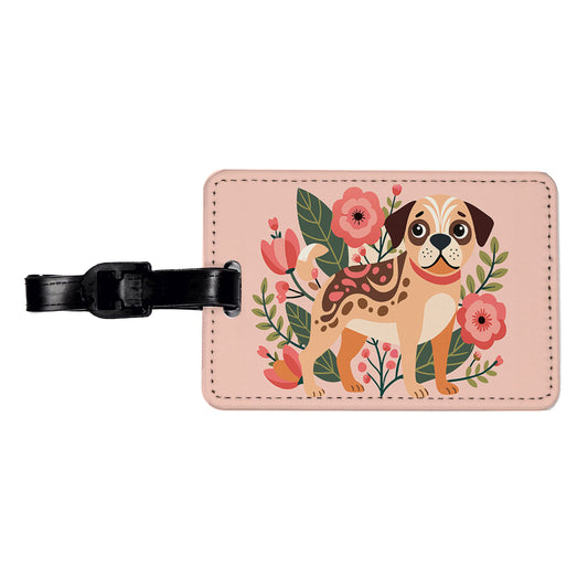 Puggle Floral Motif Pink Dog Travel Faux Leather Luggage Tag