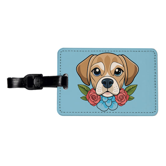 Puggle Head Floral Motif Blue Dog Travel Faux Leather Luggage Tag