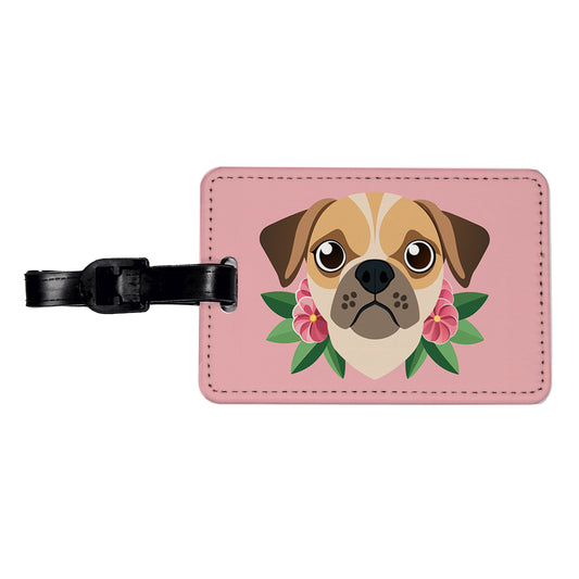 Puggle Head Floral Motif Pink Dog Travel Faux Leather Luggage Tag