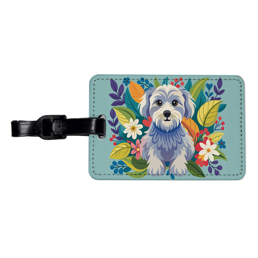 Schnoodle Floral Motif Blue Dog Travel Faux Leather Luggage Tag