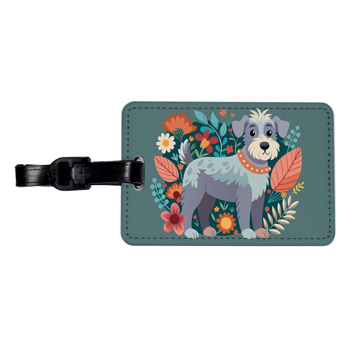 Schnoodle Floral Motif Dog Gray Travel Faux Leather Luggage Tag