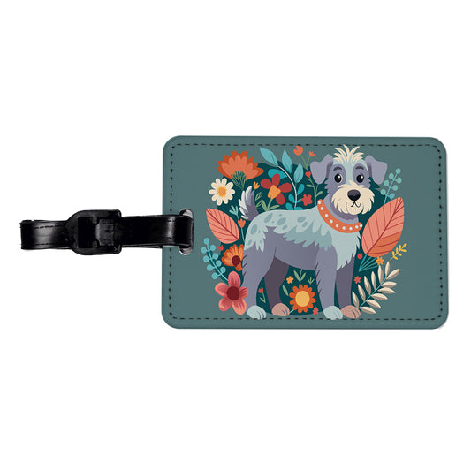 Schnoodle Floral Motif Dog Gray Travel Faux Leather Luggage Tag