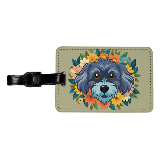 Schnoodle Head Floral Motif Dog Travel Faux Leather Luggage Tag
