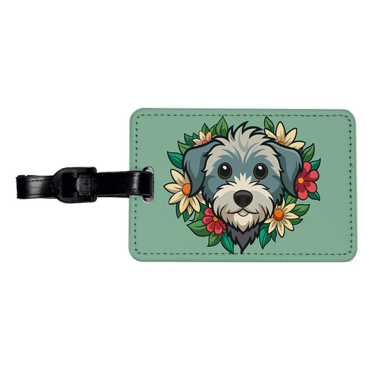 Schnoodle Head Floral Motif Green Dog Travel Faux Leather Luggage Tag