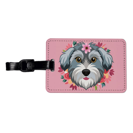 Schnoodle Head Floral Motif Pink Dog Travel Faux Leather Luggage Tag