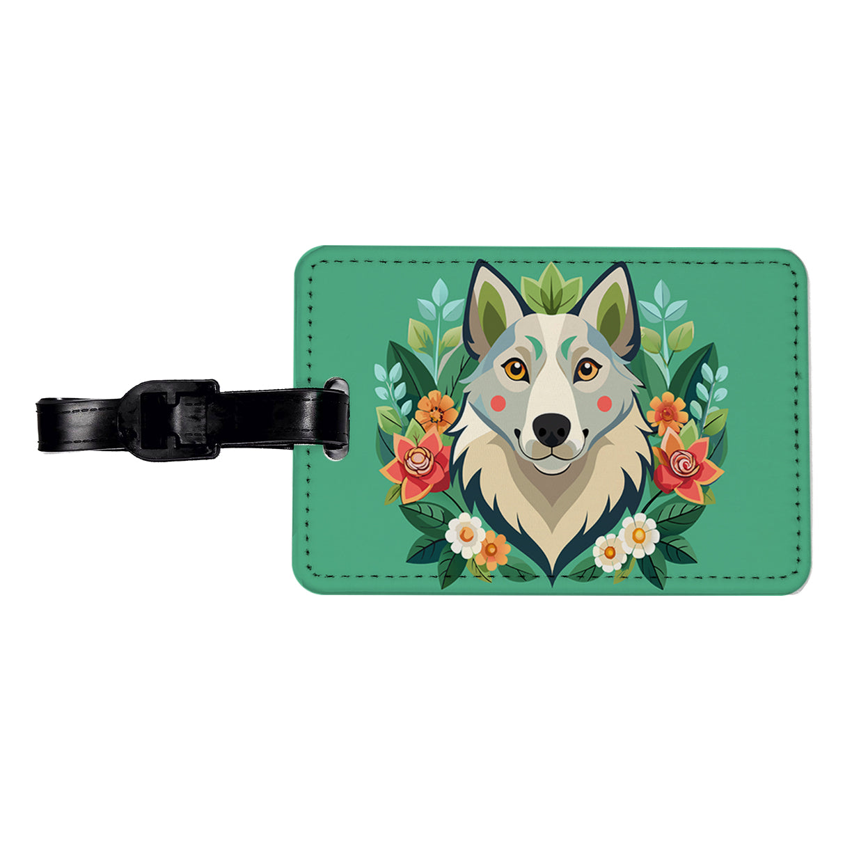 Siberian Retriever Head Floral Motif Green Dog Travel Faux Leather Luggage Tag