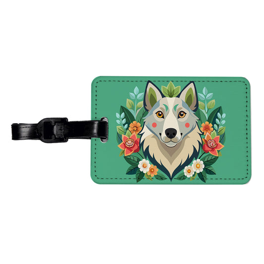 Siberian Retriever Head Floral Motif Green Dog Travel Faux Leather Luggage Tag