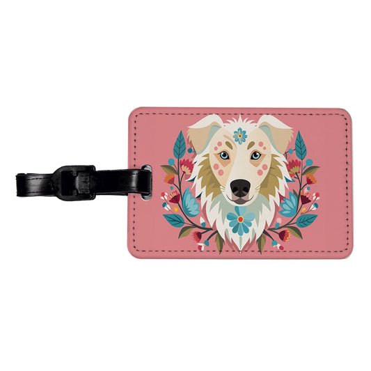 Siberian Retriever Head Floral Motif Pink Dog Travel Faux Leather Luggage Tag