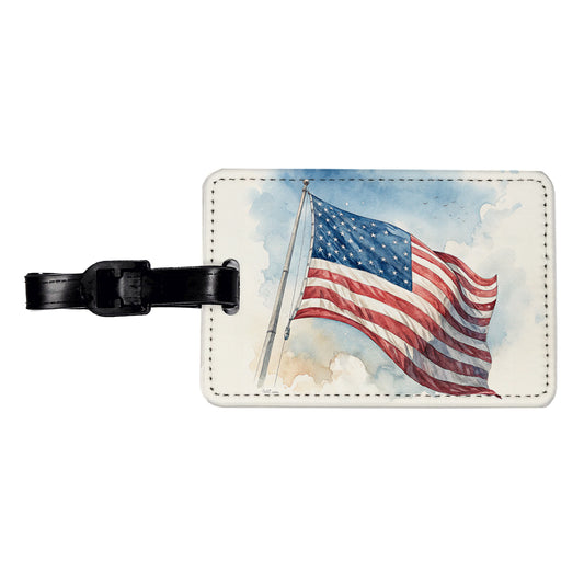 Waving American Flag Watercolor USA United States Travel Faux Leather Luggage Tag