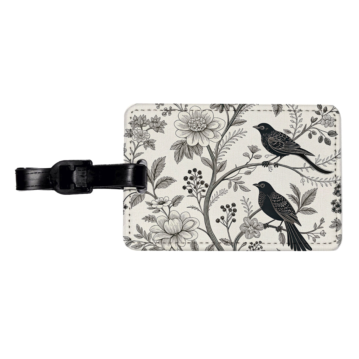 Black On White Toile With Birds Travel Faux Leather Luggage Tag