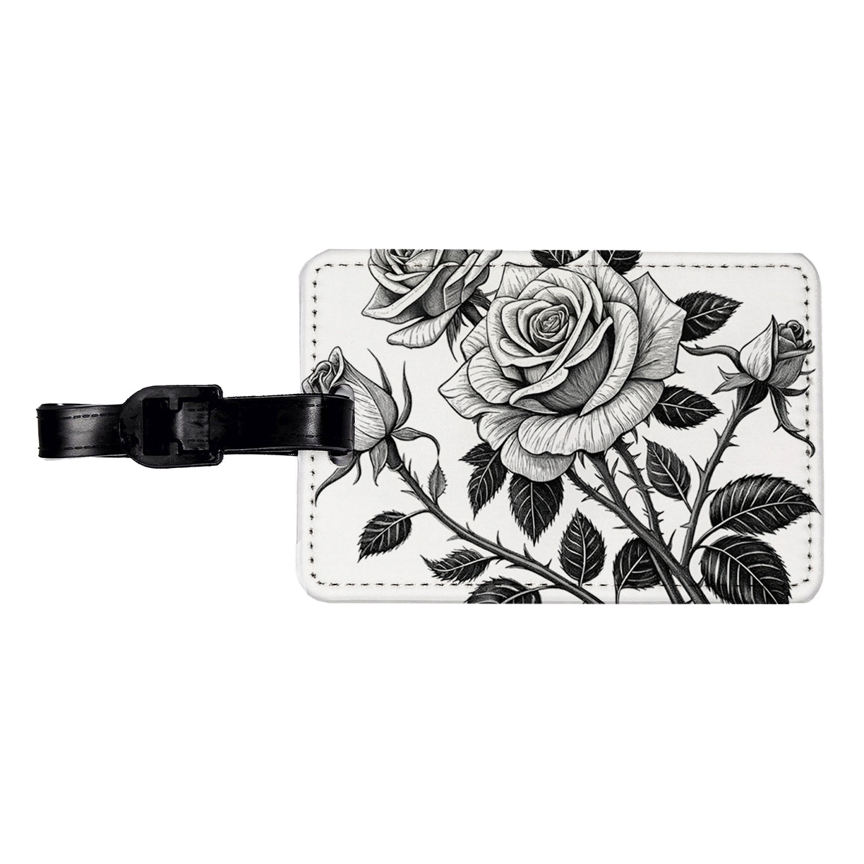 Black White Roses Travel Faux Leather Luggage Tag