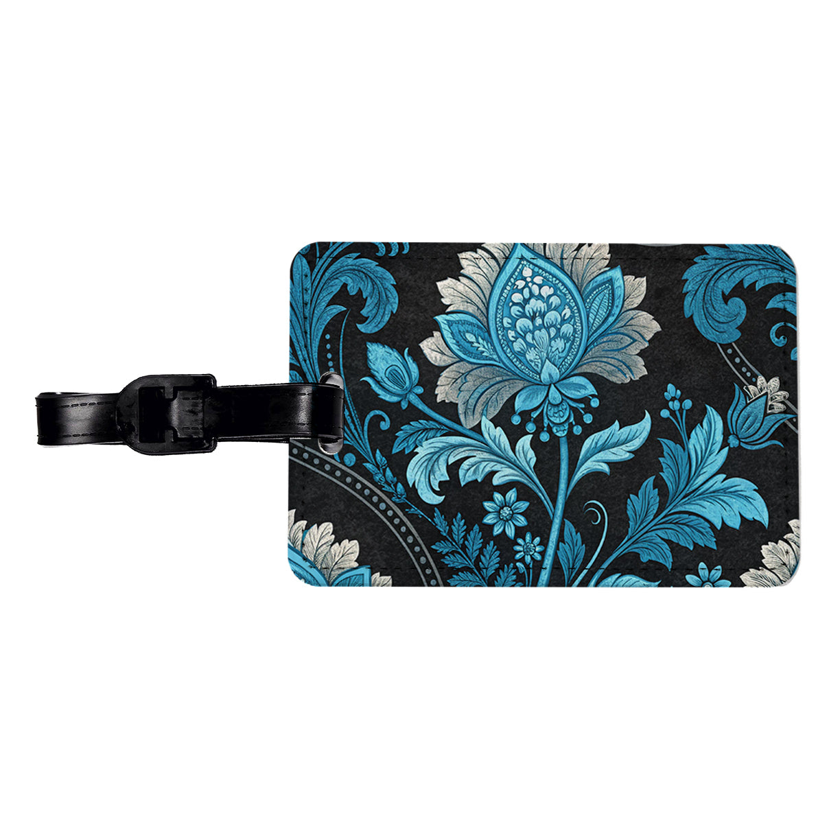 Blue Damask On Black Travel Faux Leather Luggage Tag